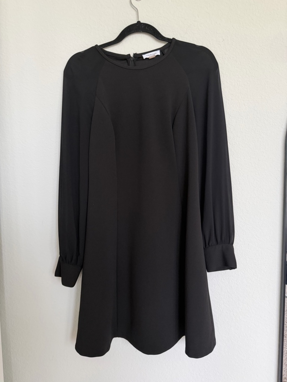 Calvin Klein Black Sheath Dress with Sheer Long Sleeves